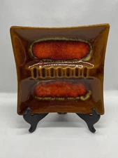 Vintage Red Brown Drip 60s Pottery Ceramic Ashtray Square 8.5"  MCM