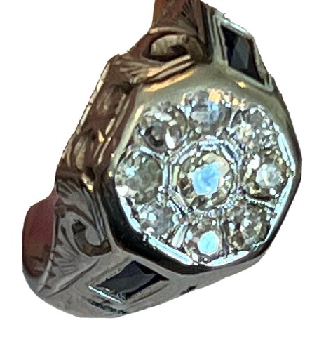 ANTICO ANELLO COCKTAIL ORO BIANCO 18 KT TAGLIO MINIERA DIAMANTE AUREOLA ZAFFIRO FILIGRANA 6 - Foto 6 di 18