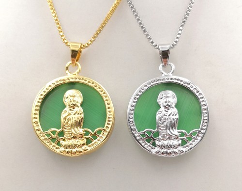 Yellow Multicolor Green Red Opal 18KGP Guanyin Kwan-yin Round Pendant Necklace - Picture 5 of 76
