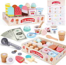 Wooden Ice Cream Play Set, Pretend Play Food Set for Kids Kitchen