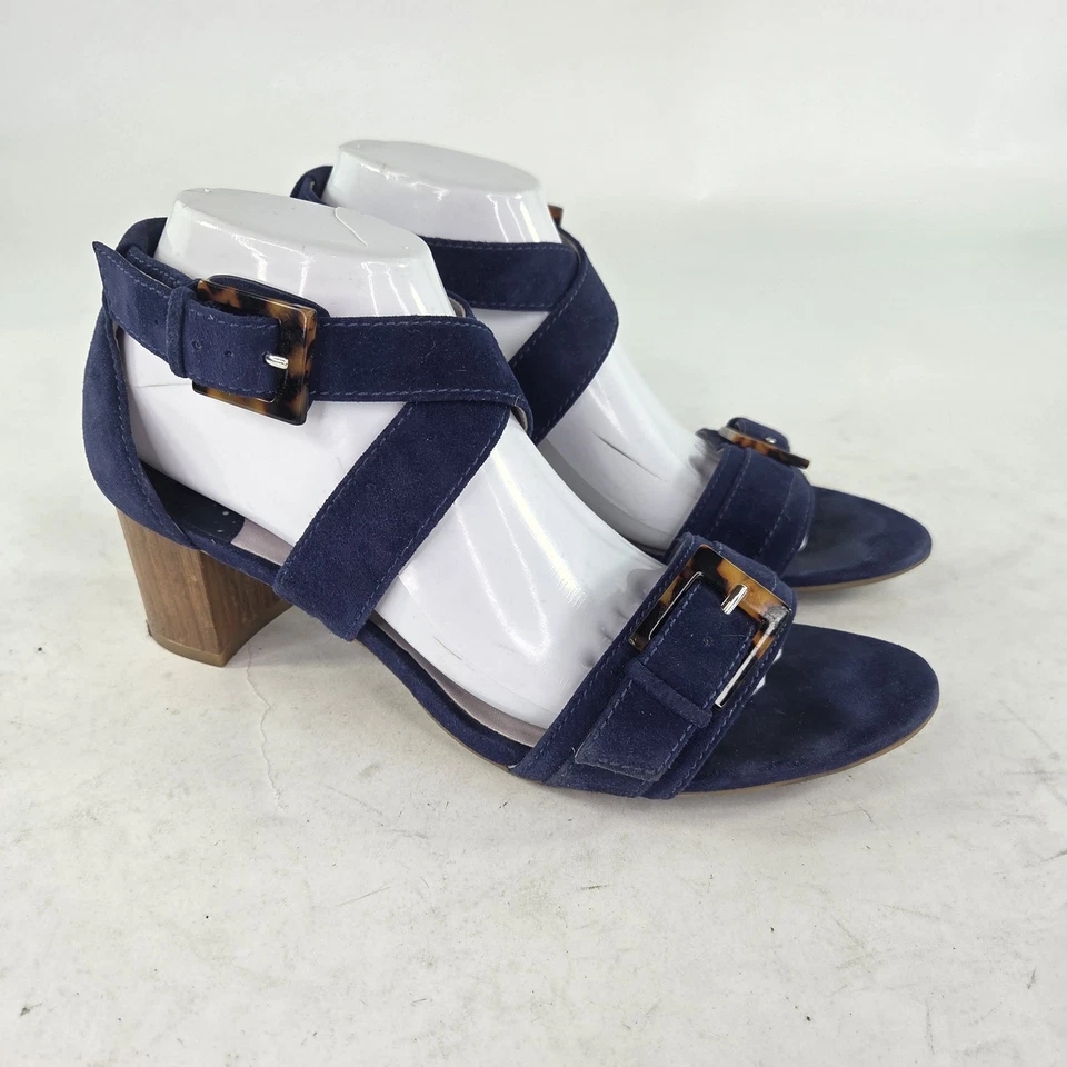 Johnston & Murphy Navy Suede Heels Sandals US 9.5 M Buckle Strappy Shoes  - Image 4 of 4