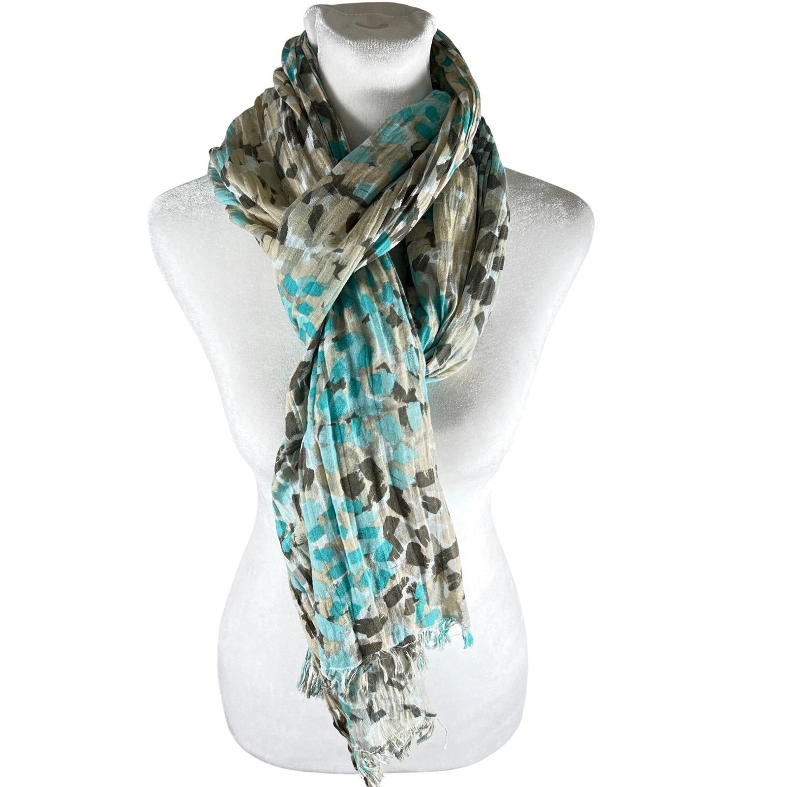 Tommy Bahama Scarf Womens Blue Tan Abstract Print Pleated Lightweight Cotton