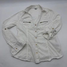 G By Guess Lon Angeles Button Up Shirt Women M White Pockets Zip Logo.#39223