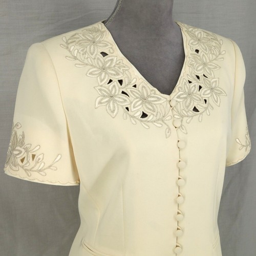 Kasper Skirt Suit Womens 6 Pale Yellow Ivory Embroidered Floral Lined Vintage - Picture 8 of 23
