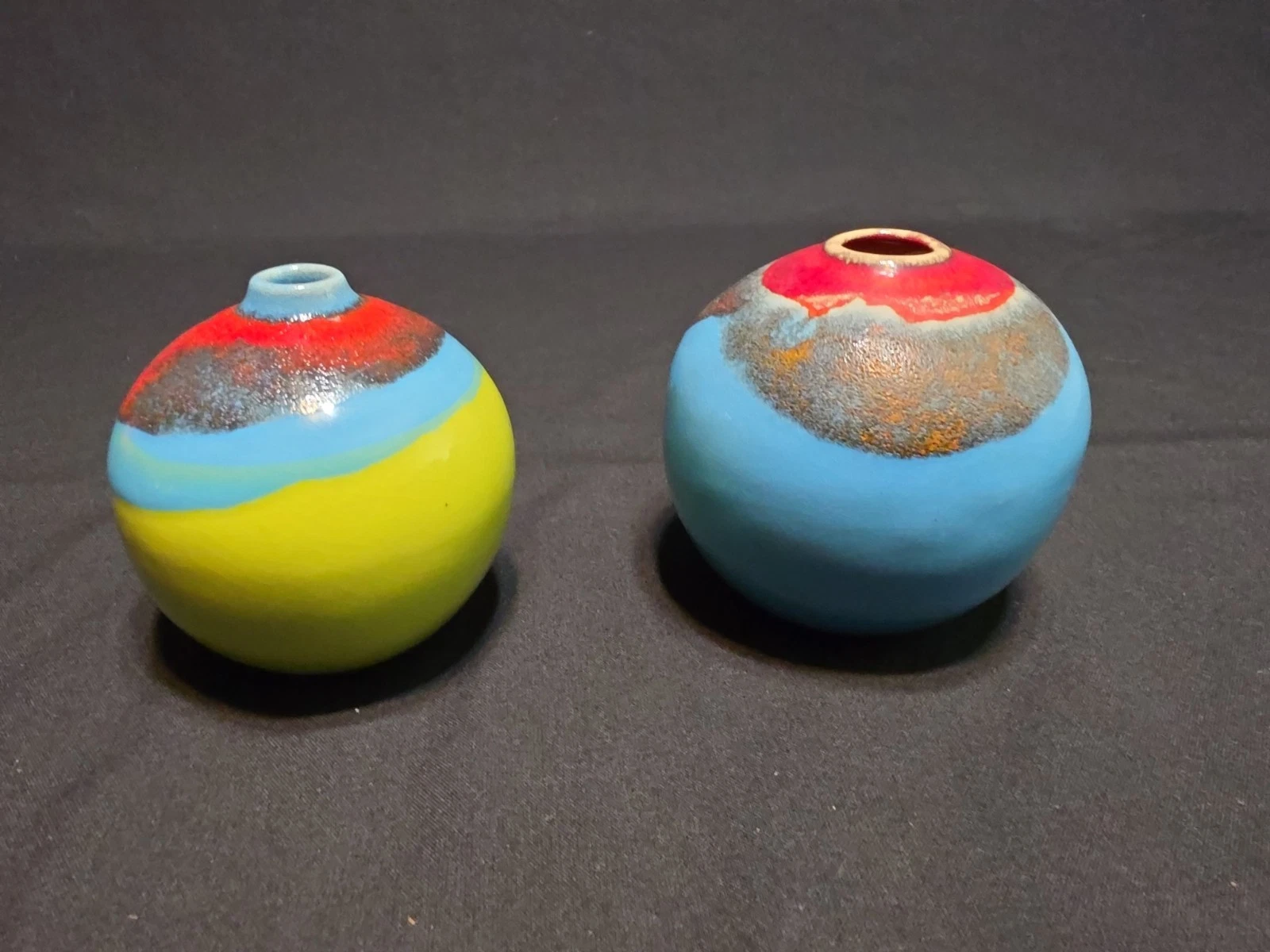 2 Japanese Style Drip Glaze Red Blue & Green Bud Vase Art Pottery 3.5” Pair