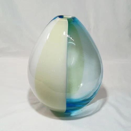 Vintage Carlo Moretti Italian Blue and Cream Striped Carousel Murano Glass Vase
