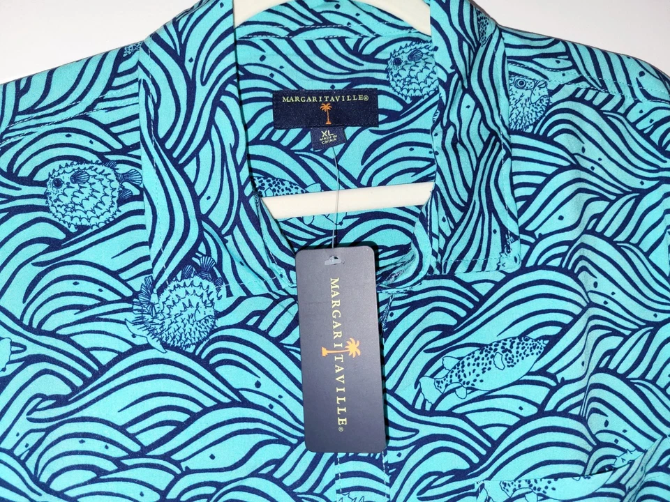 Camisa abotonada para hombre Margaritaville Aruba diseño pez globo ondas azules talla XL Foto 2 de 4