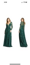 Mac Duggal Plunging Striped Sequin Long Sleeve Gown in Emerald Retail $698