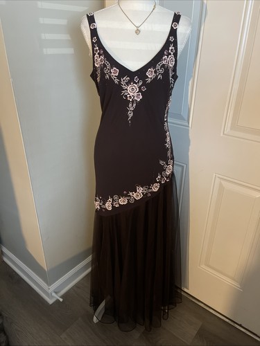 R&M Richards Petite 12P Brown Beaded Embroidered Formal Evening Maxi Dress