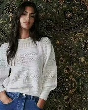 Sezane Women's New hollow hook flower long sleeved round neck pullover slim knit