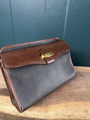 Vintage Dunhill Leather Canvas Clutch Travel Second Bag Plaid Lined Luxury Mens