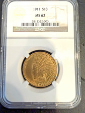 1911 $10 US Indian Head Gold Eagle Coin NGC MS62