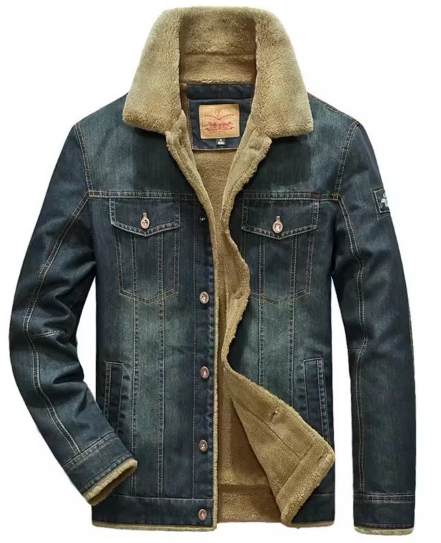 Men's Winter Vintage Jacket denim Jacket Lapel Zipper Warm Coat BIG 5XL