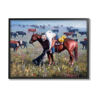 Cowboy Petting Shepherd Farm Dog Cattle Grasslands Landscape, Design by Jack ...