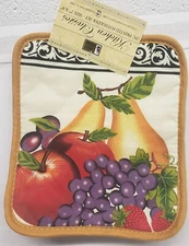 Set of 2 Printed Jumbo Pot Holders,7"x8",FRUITS ON WHITE # 2,w/tan brown back,BH