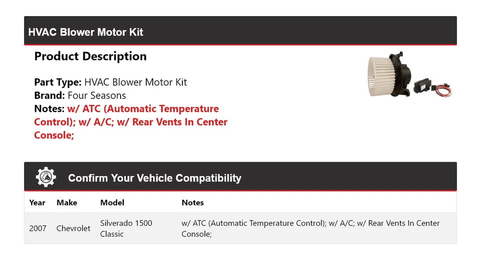 Kit de motor soplador de climatización clásico para Chevrolet Silverado 1500 2007 4 estaciones Foto 2 de 3