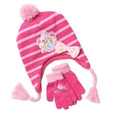 Disney Princess Hat Gloves Set Girls Size 4 and up Striped Knitted Fleece Lined