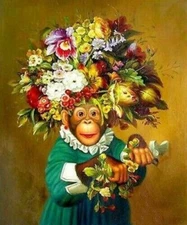 ZOPT040 100% Handmade Painted Monkey Flowers On Head Oil Painting Art On Canvas