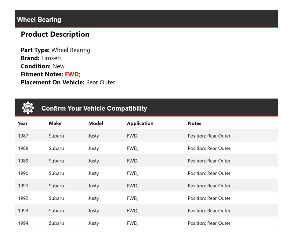 For 1987-1994 Subaru Justy FWD Wheel Bearing Rear Outer Timken 1988 1989 1990 - Image 2 of 4