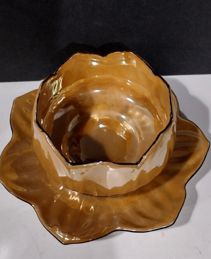 Vintage Japan Lusterware Lotus Flower Bowl w/Saucer Plate