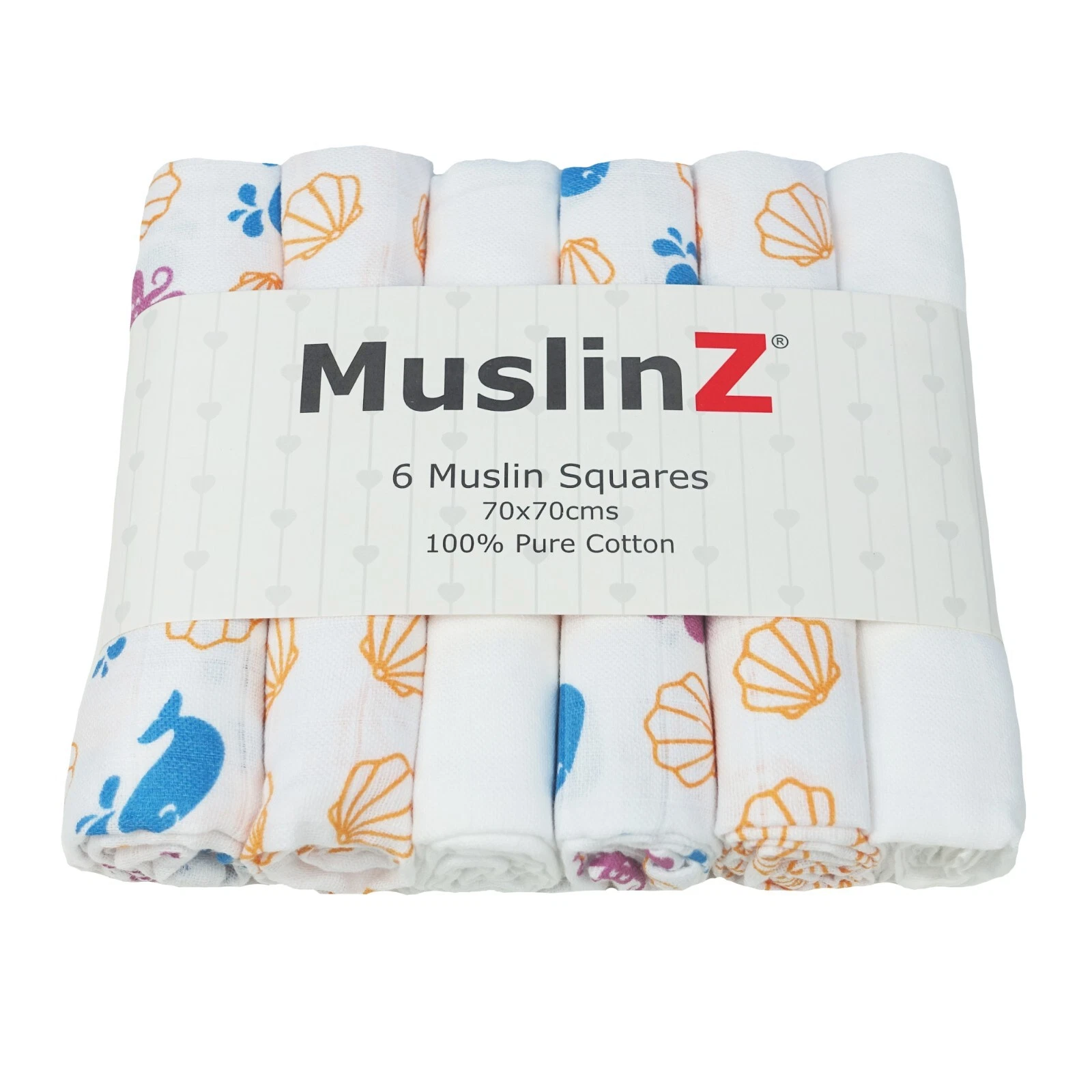 MuslinZ 6PK Baby Muslin Squares Cloths 70cms 100% Pure Soft Cotton Sealife
