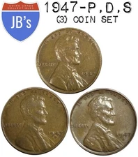 1947 P D S Lincoln Wheat Cents (3) Coins Average Circulated/Better *JB's Coins*