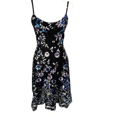 DRESS THE POPULATION XS Black Purple Blue Sequin Applique Floral Midi Dress Prom