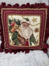 Vintage 15in Tartan Christmas Pillow Needlepoint Tassel Tree Holiday Red Gold