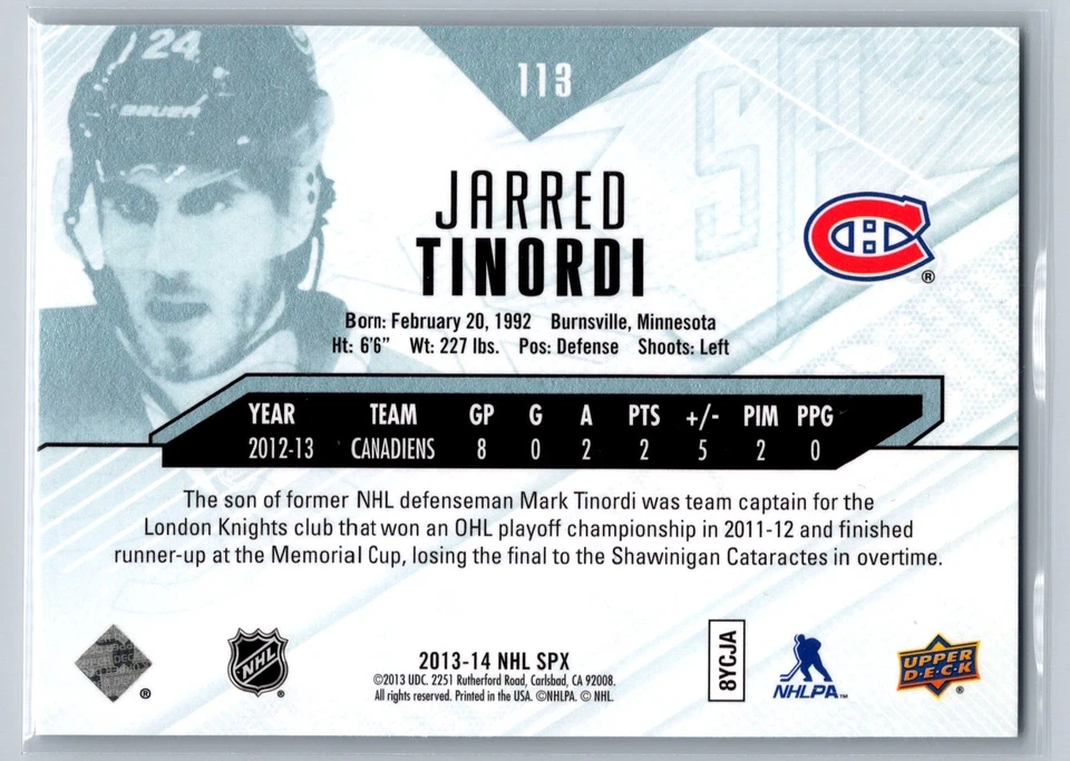 Jarred Tinordi 2013-14 SPx #113 - Image 2 of 2
