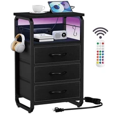 Bed Side Table with 3 Fabric Drawers, Black Night Stand, LED Nightstand with ...