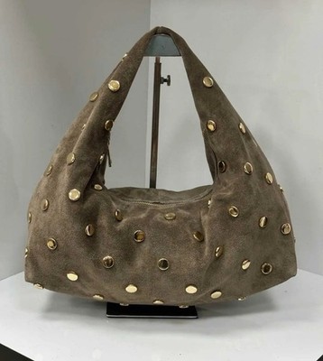 New Italian Suede Hobo Shoulder Bag Taupe Studded Genuine Leather Made In Italy