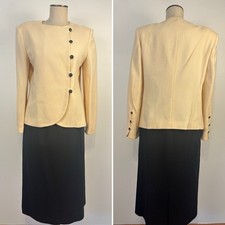 VTG 80s Saks Fifth Avenue Wool Skirt Suit Asymmetrical Button Jacket Cream Black