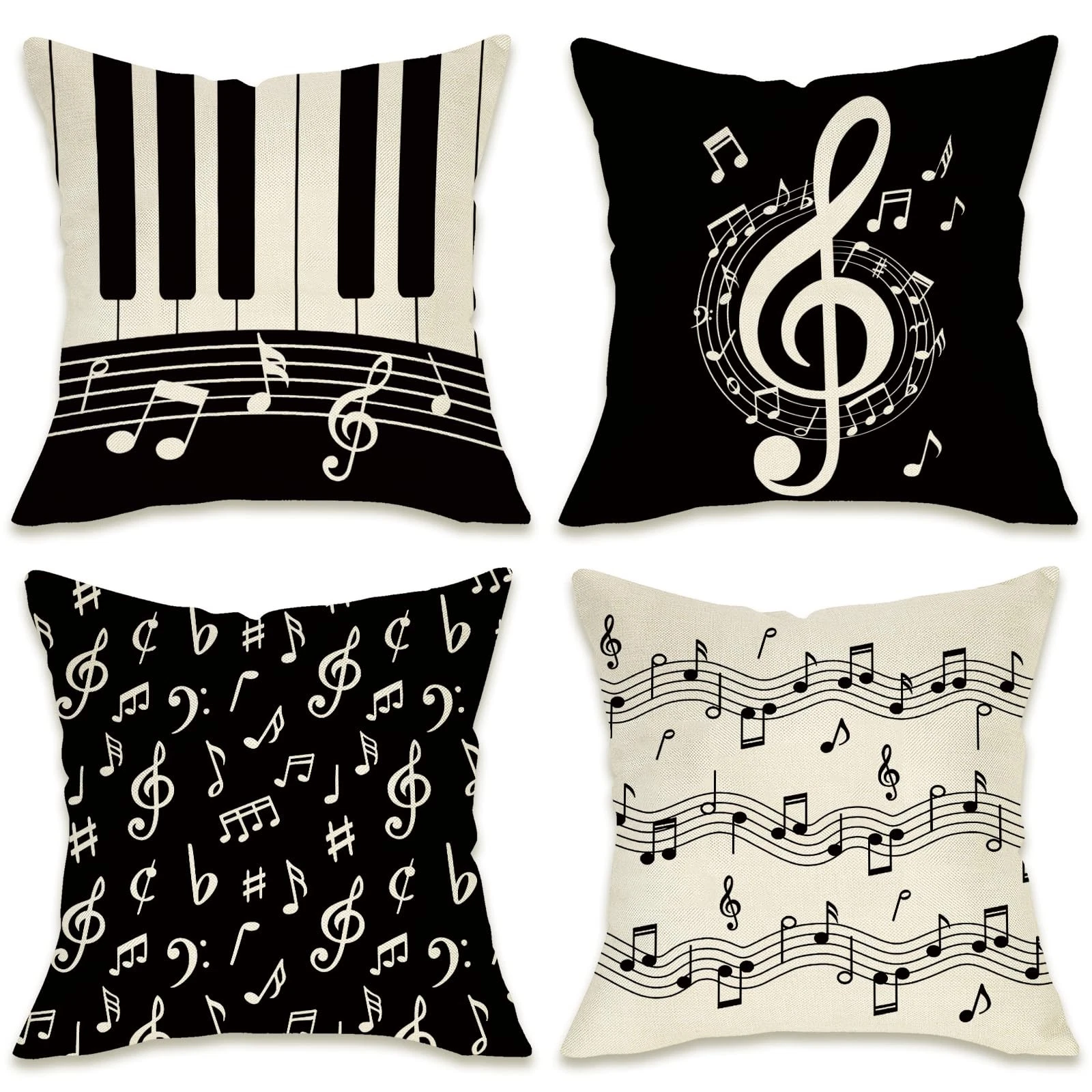 Music Theme Decorative Throw Pillow Covers 16 x 16 Set of 4, Musical Note Sta...