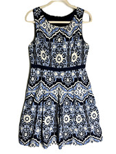 Talbots Sleeveless A-Line Dress Size 12 White Blue Floral Side Pockets