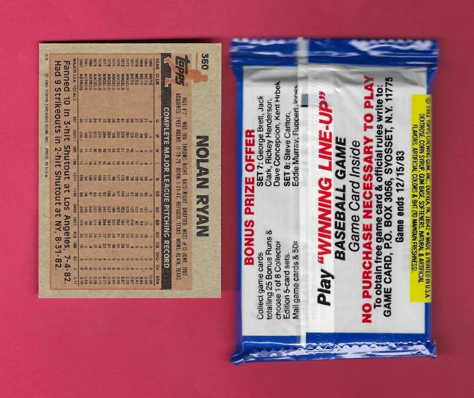 Paquete de prueba de béisbol 1983 Topps Michigan + tarjeta de béisbol 1983 Topps Nolan Ryan #360 Foto 2 de 2