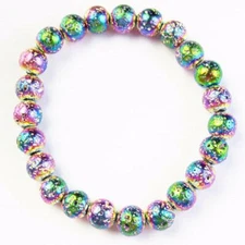 8mm Titanium Crystal Agate Druzy Quartz Geode Beads Stretchy Bracelet 7.5 Inch