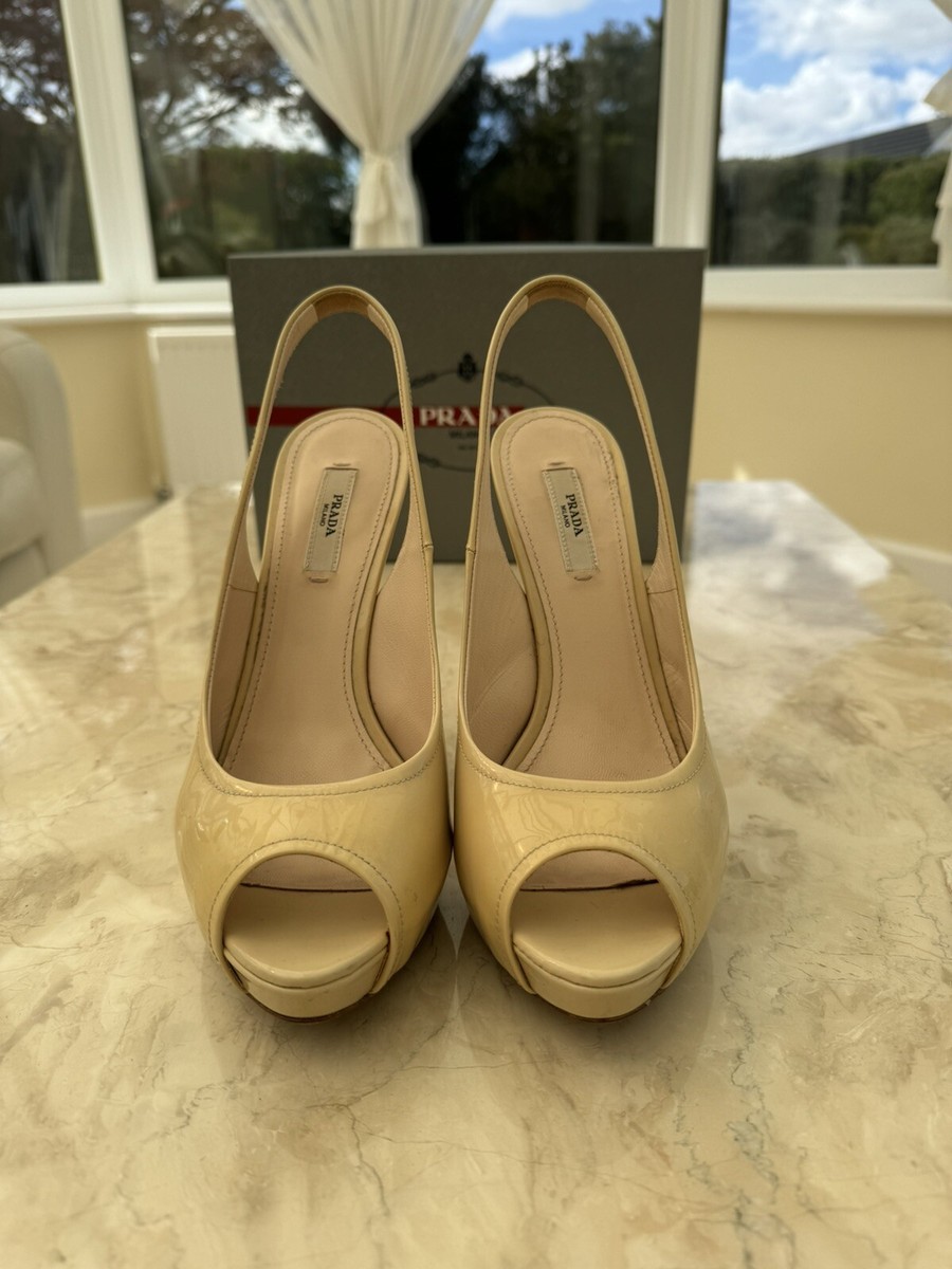 Prada Sandals Sling Back Peep Toe Cream Patent 5” Heel 39/6