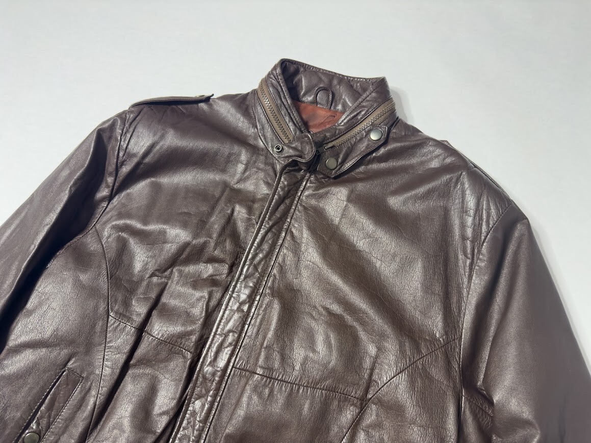 1980s Mens Brown Leather Bomber Jacket Size Large Vintage Retro
