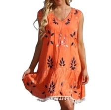 Amanda's Collection Floral Embroidered Peach Tassel Hem Rayon Boho Dress Size L