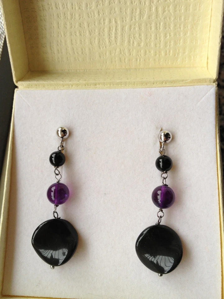 Orecchini Pendenti Argento 925 Ametista E Pietre Dure Viola Nero - Immagine 2 di 2