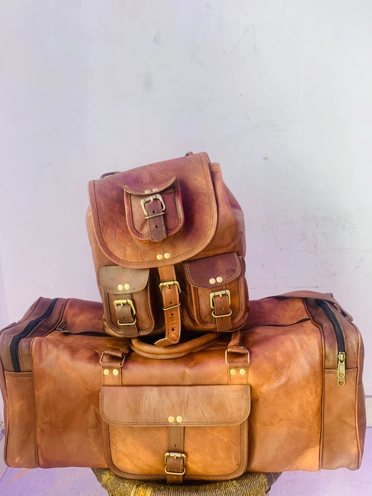 Leather Duffel 32 Inch Travel Sports Overnight Weekender Bag Free 11" Backpack