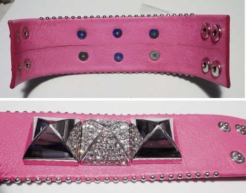 Chunky JUICY COUTURE Wide Pink Leather Bracelet Lg Pave Crystal Pyramid Studs ST - Picture 2 of 6