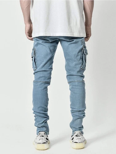 Men Skinny Jeans Stretch Slim Fit Pants Bike Jeans Cargo Pants Pockets Ripped - Picture 7 of 17