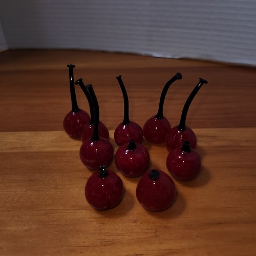 Blown Art Glass Red Cherries with black stems Approx 2"
