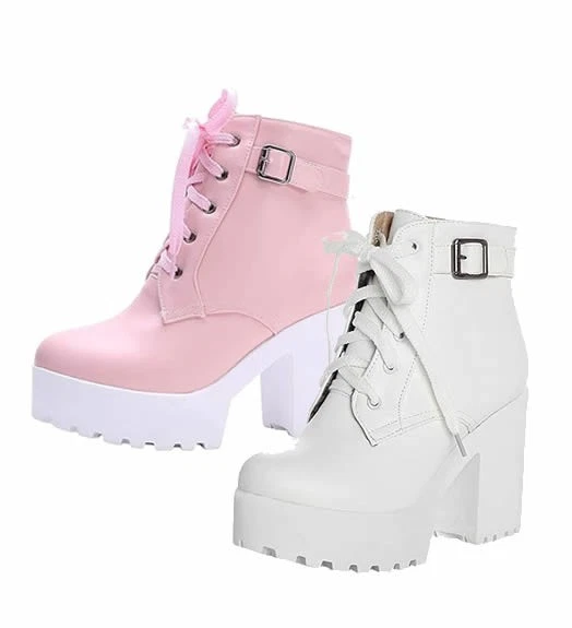 MISSUIT Damen High Heels Stiefeletten Blockabsatz Ankle Boots mit Schnürung