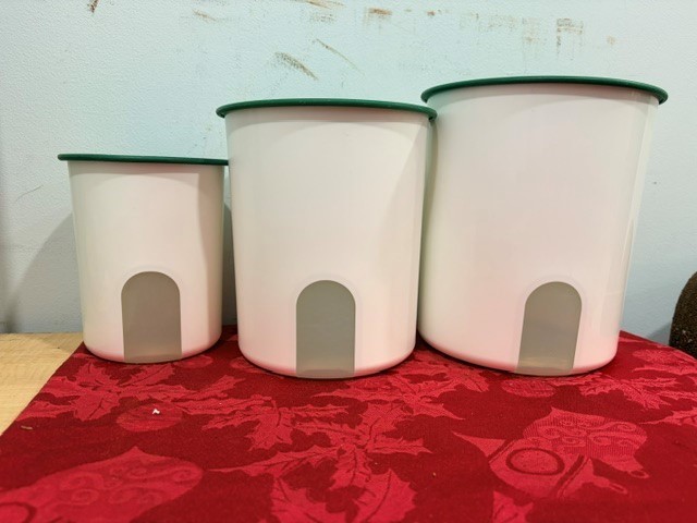 3 Tupperware One Touch Green & White Nesting Canister 2418B-2 & 2416B-4 2422B-1