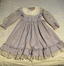 Purple White Collared Vintage A-Line Dress Lace Trim Button Front Puff Sleeve