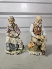 1950s Lipper & Mann Ceramic Figurines Elder Farm Couple Made in Japan 6" Tall
