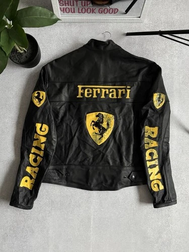 Vintage Ferrari Leather Biker Jacket Racing Black-Yellow Formula 1 Michelin image 6