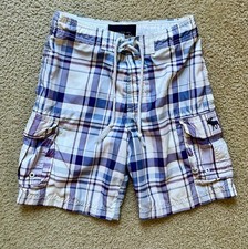 Vintage Abercrombie Y2K Blue White Plaid Board Shorts Cargo Swim Trunks Size 28